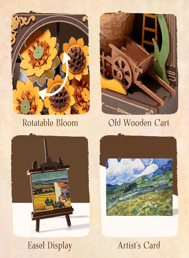 ROBOTIME Wooden Flower Golden Sunflower Building Sets for Adult with Lights TH002, Van Gogh Wall Art Crafts, Painting Frame Room Decor, Valentine's Day/Anniversary/Birthday Gifts for Women, 266PCS - Image 5